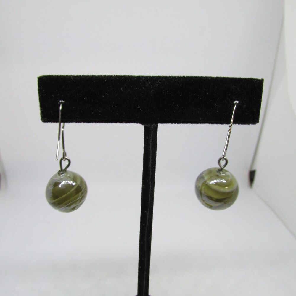 Gray Green Swirl 15MM Glass Ball Earrings Artisan